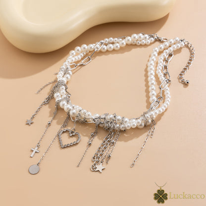 Luckacco Multi-layered Pearl Necklace for Women Party Y2K Trendy Clavicle Chain Fashion Heart Pendant Jewelry Accessories Gifts