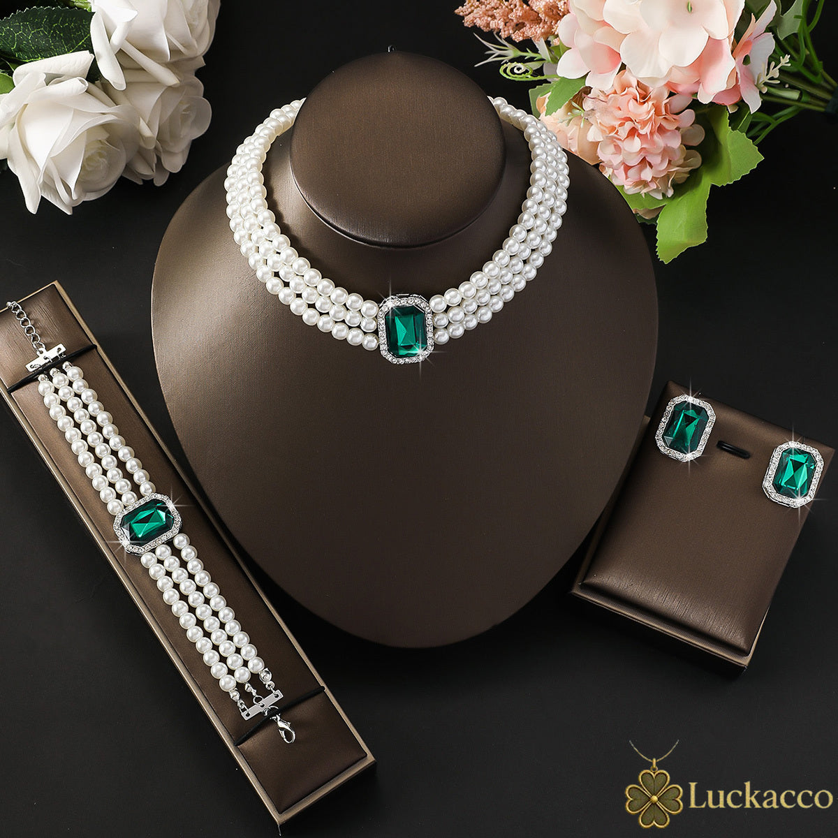 luckacco 4pc women's fashion light luxury short style imitation pearl turquoise necklace earrings bracelet jewelry set party festival gif