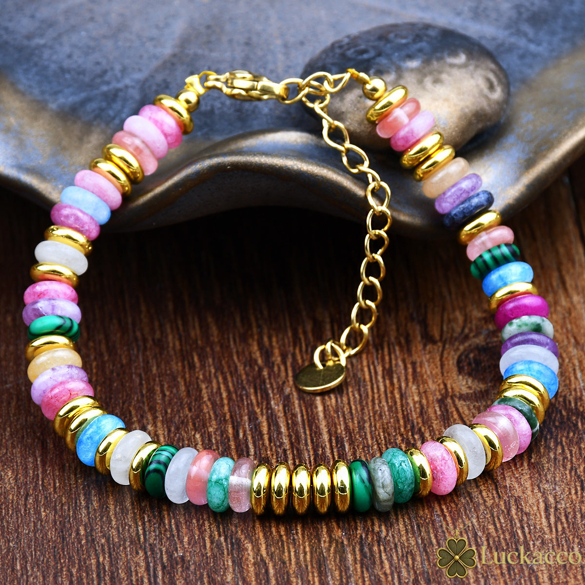 luckacco fashion dopamine colored natural stone adjustable bead bracelets women's light luxury high-end pebble bracelet jewelry