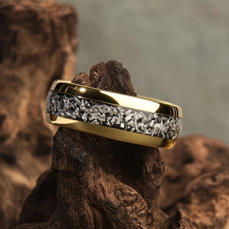 luckacco fashion 8mm men stainless steel rings inlay meteorite abalone shell rings for men women wedding engagement band jewelry gift