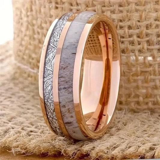 Luckacco Fashion 8mm Men Stainless Steel Rings Silver Color Brushed Deer Antler And Koa Wood Rings for Men Wedding Band Jewelry