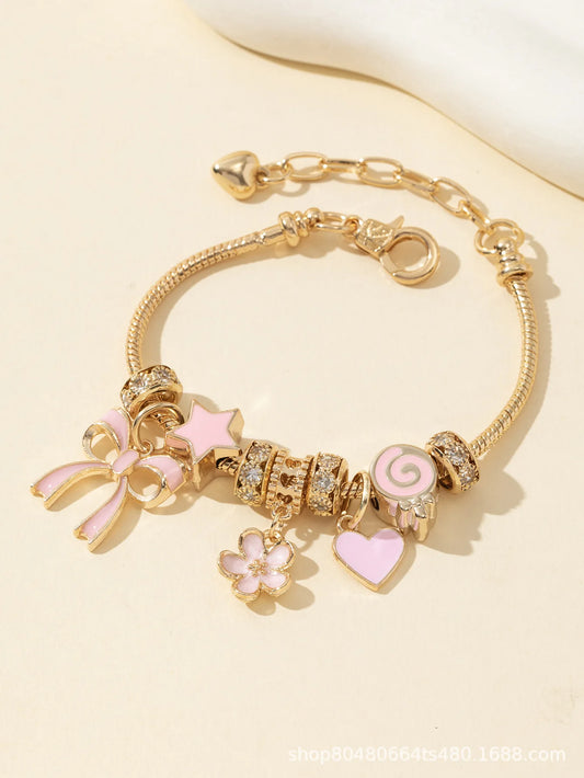 Luckacco 1pc Women's Adjustable Gold Color Rhinestone Butterfly Heart Lollipop Beads Bracelets Elegant Jewelry Daily Wear Party Gifts