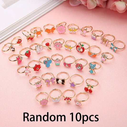 Luckacco 10pcs Cute Cartoon Kids Rings Kawaii Korean Children Girls Flower Alloy Finger Ring Child Jewelry Gift Adjustable Rings