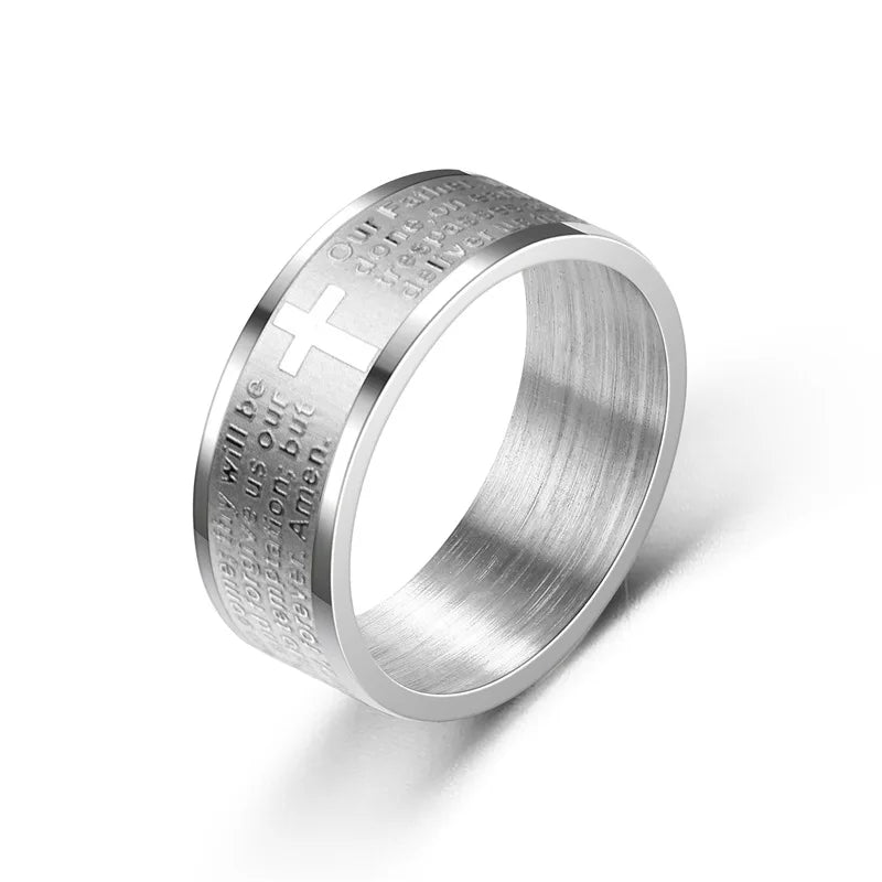 luckacco titanium stainless steel cross ring russian orthodox bible bible lord's prayer ring ladies men christian jewelry gifts