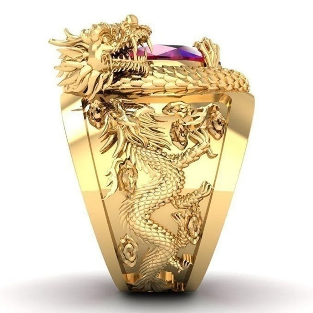 luckacco daily picks luxury gold color dragon pattern men rings inlaid big oval red stone noble wedding party finger rings male trendy jewelry