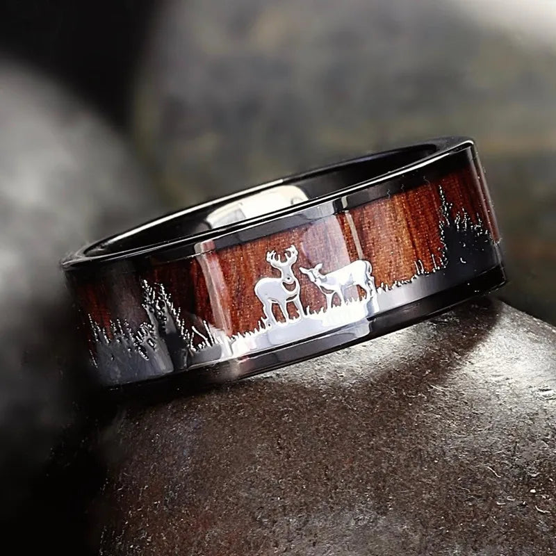 luckacco fashion 8mm silver color stainless steel rings for men double groove meteorite inlay dome men finger ring wedding band jewelry