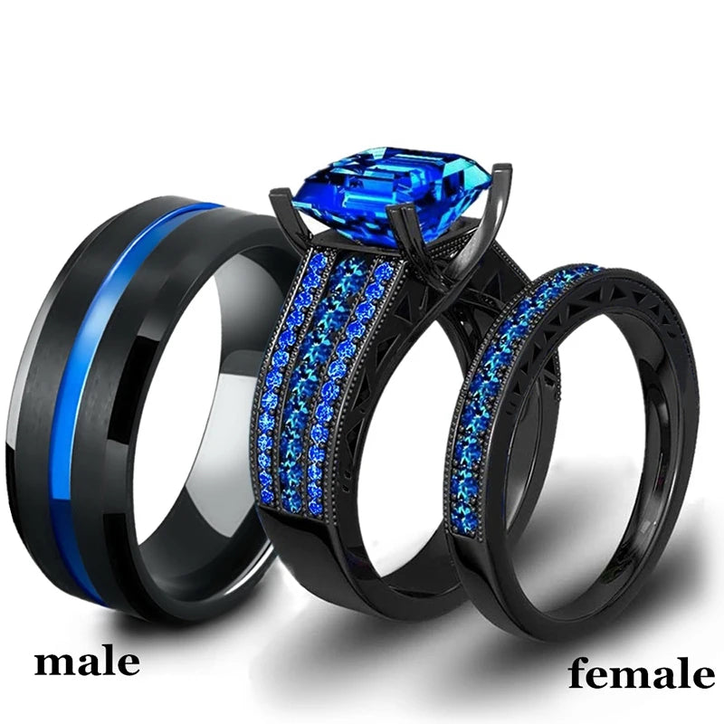 luckacco fashion jewelry lovers rings women's blue zircon engagement ring sets men's stainless steel wedding band anniversary gift