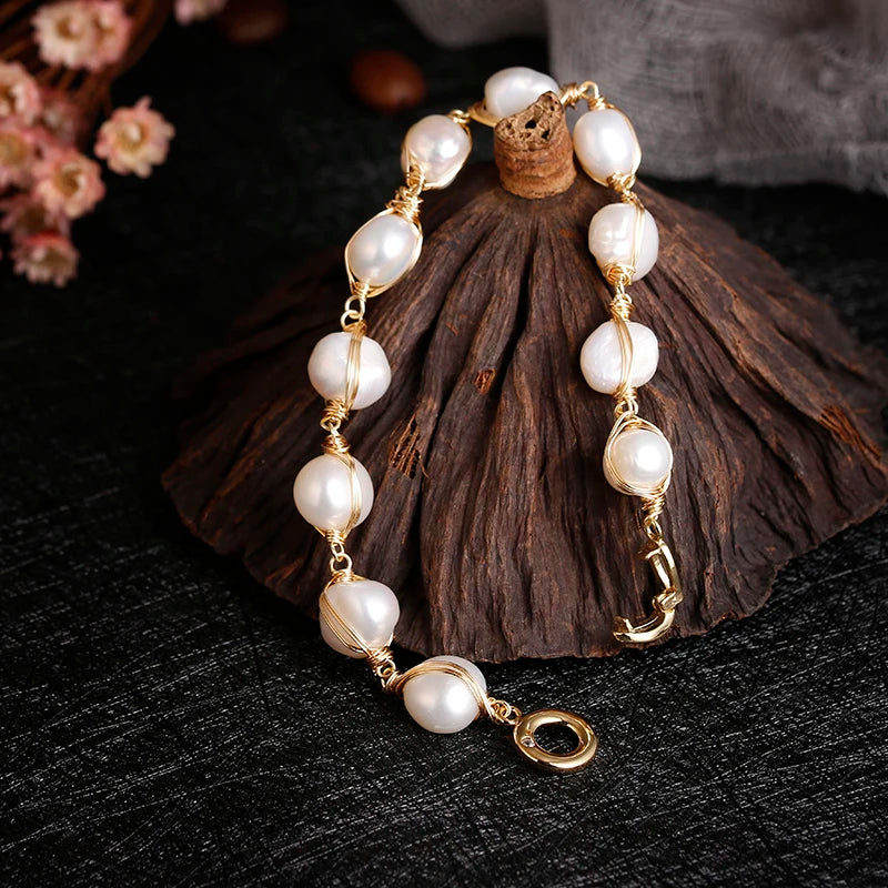 luckacco original handmade 14k gold filled baroque natural freshwater pearl ladies bracelet promotion jewelry for women birthday gift