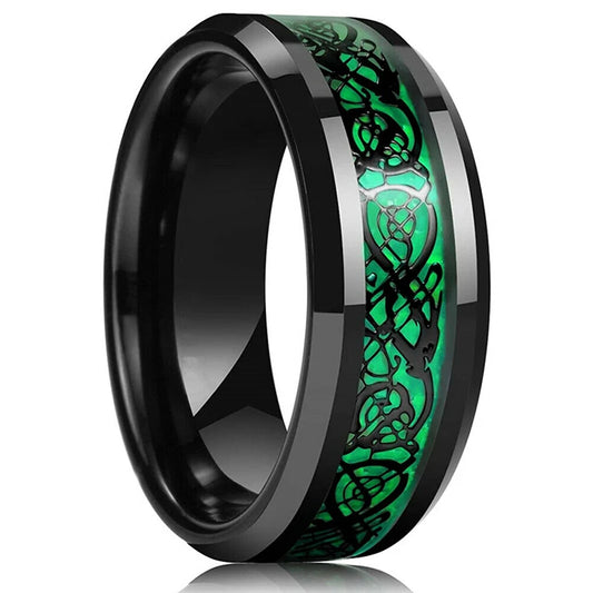 Luckacco Fashion 8mm Black Tungsten Wedding Celtic Dragon Rings Inlaid Blue Zircon Stainless Steel Rings for Men Blue Carbon Fibre Ring