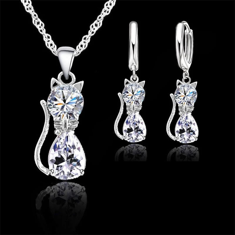 luckacco real 925 sterling silver color jewelry sets for woman girls shining austrian crystal cute cat pendant necklace huggie earring