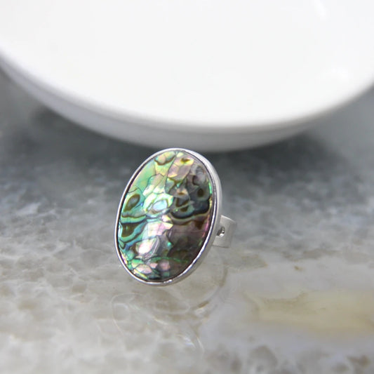 Luckacco Natural Beautiful Abalone Shell Adjustable Rings, Pearl Classic Round Shape Rings,Finger Rings Reiki Heal Geode Rings Jewelry