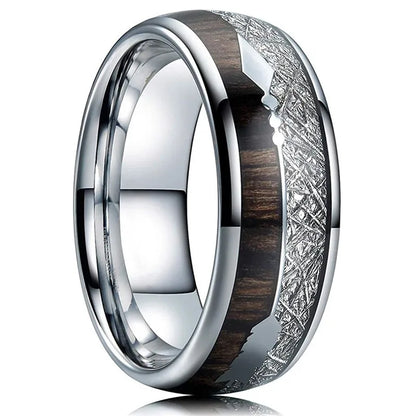 Luckacco Fashion 8mm Men Stainless Steel Rings Silver Color Brushed Deer Antler And Koa Wood Rings for Men Wedding Band Jewelry