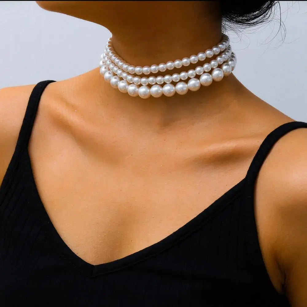 luckacco multi-layer white imitation pearl necklace bead  chain punk ladies wedding short clavicle necklac girl charm banquet jewelry