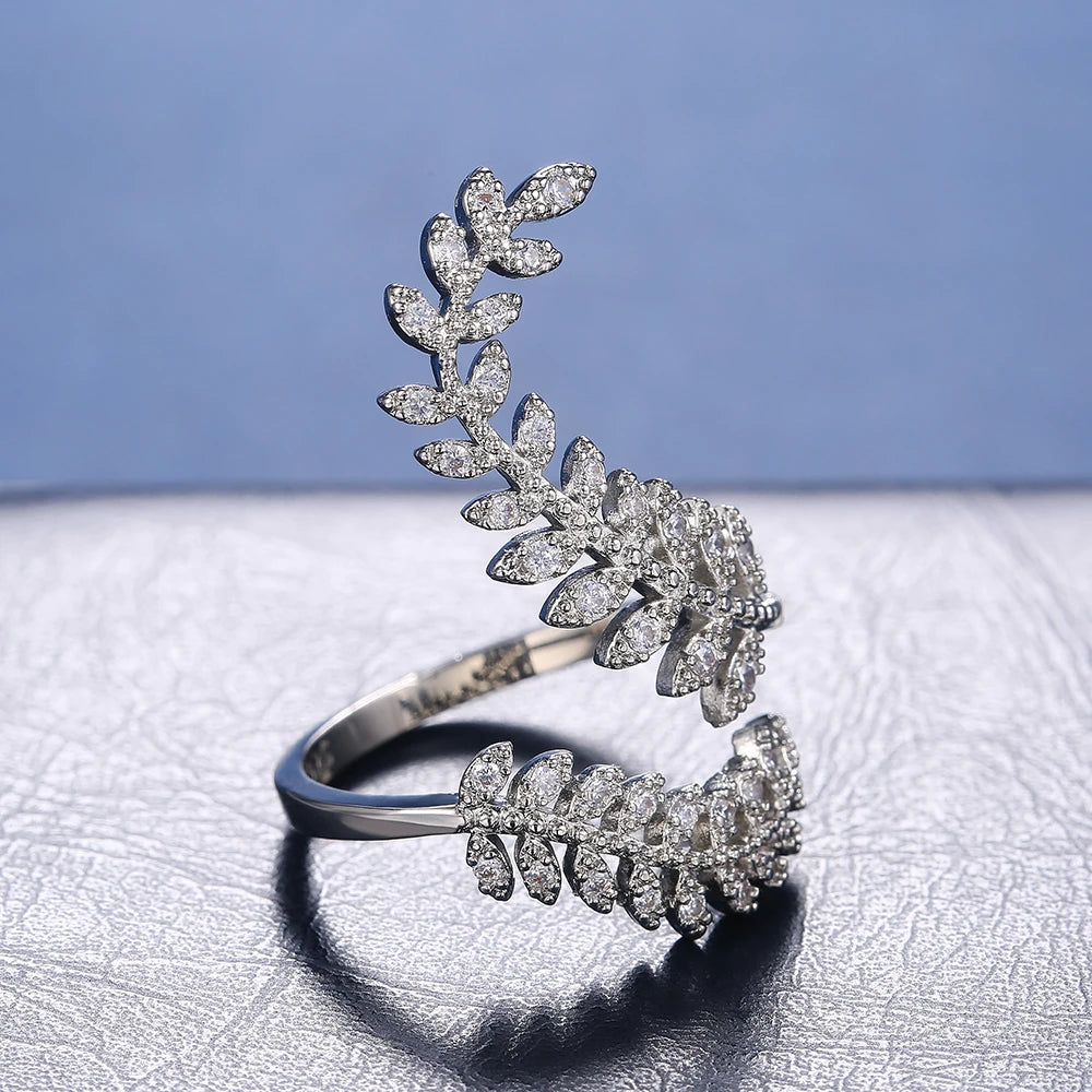 luckacco daily picks graceful leaves both end of open ring silver color girl cocktail party rings shine crystal zircon fashion women jewelry