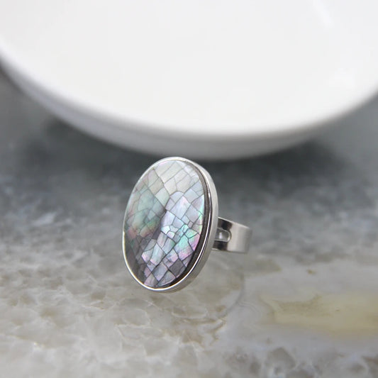 Luckacco Natural Beautiful Abalone Shell Adjustable Rings, Pearl Classic Round Shape Rings,Finger Rings Reiki Heal Geode Rings Jewelry