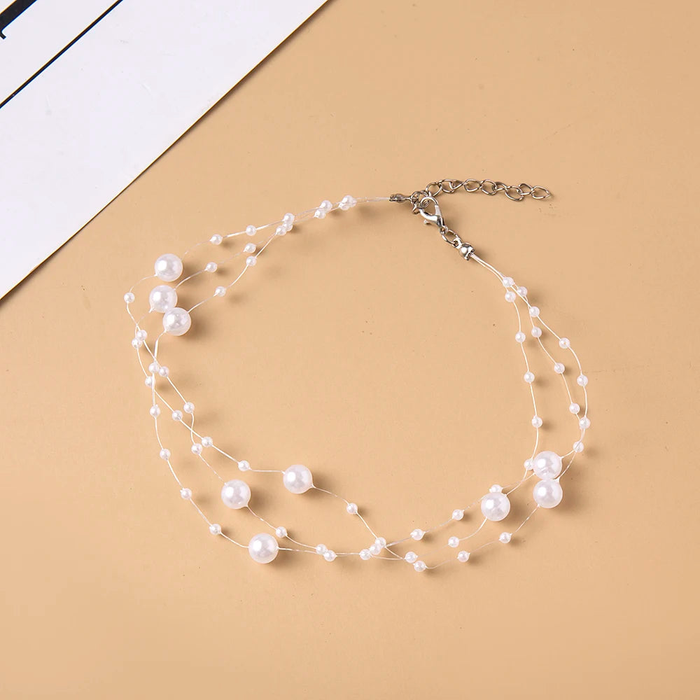 luckacco elegant multilayer pearl choker necklace vintage flower butterfly acrylic chain necklace for women fashion wedding jewelry gift