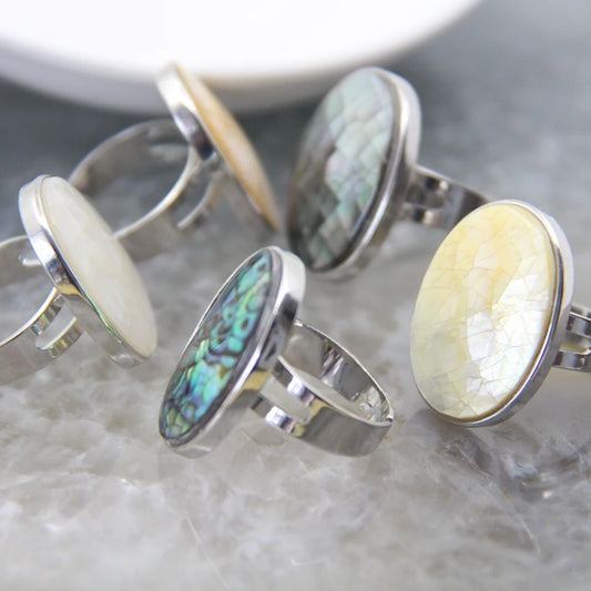 Luckacco Natural Beautiful Abalone Shell Adjustable Rings, Pearl Classic Round Shape Rings,Finger Rings Reiki Heal Geode Rings Jewelry