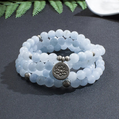 Luckacco 108 8mm Aquamarine Beaded Elastic Cord Wrap Mala Bracelet Meditation Yoga Healing Jewelry Women Charm Rosary Lotus Bangle