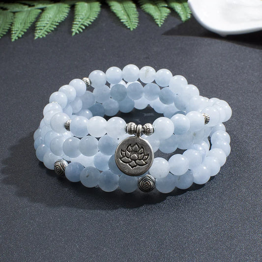 Luckacco 108 8mm Aquamarine Beaded Elastic Cord Wrap Mala Bracelet Meditation Yoga Healing Jewelry Women Charm Rosary Lotus Bangle