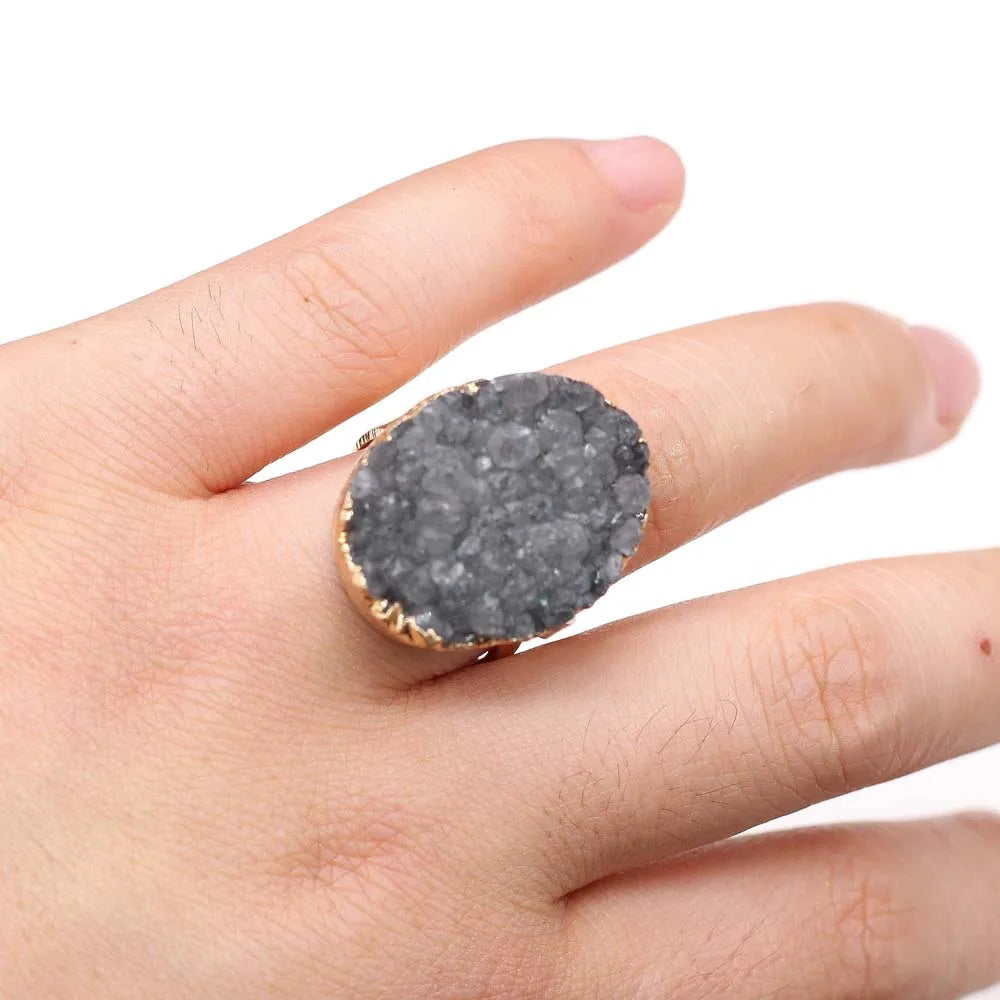 luckacco irregular agates druzy ring adjustable statement rings natural stone quartz rings for women jewelry