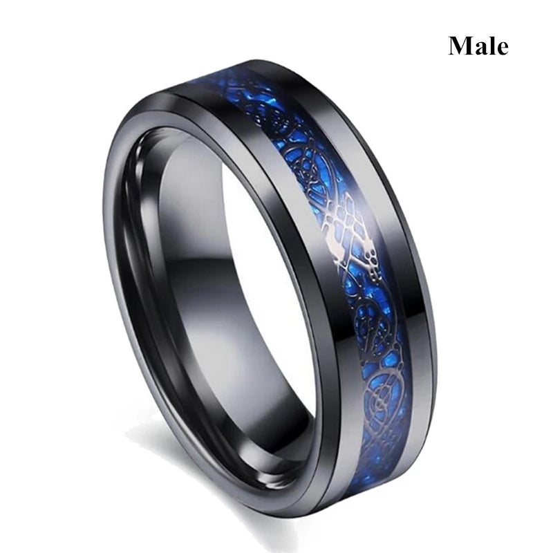 luckacco charm couple ring men's stainless steel celtic dragon ring blue zircon women's ring sets valentine's day wedding band jewelry