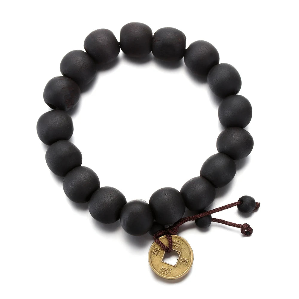 luckacco 1pc wood bead new buddha bracelet buddhist  bangle prayer beads copper coin women men lucky religion bracelets charm jewelry