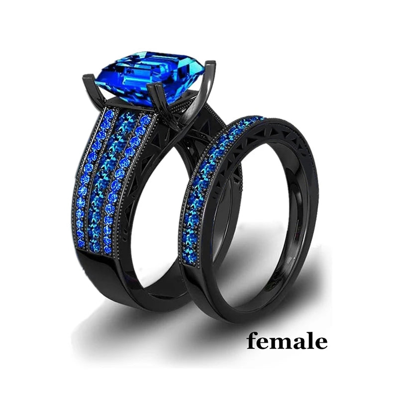 luckacco fashion jewelry lovers rings women's blue zircon engagement ring sets men's stainless steel wedding band anniversary gift