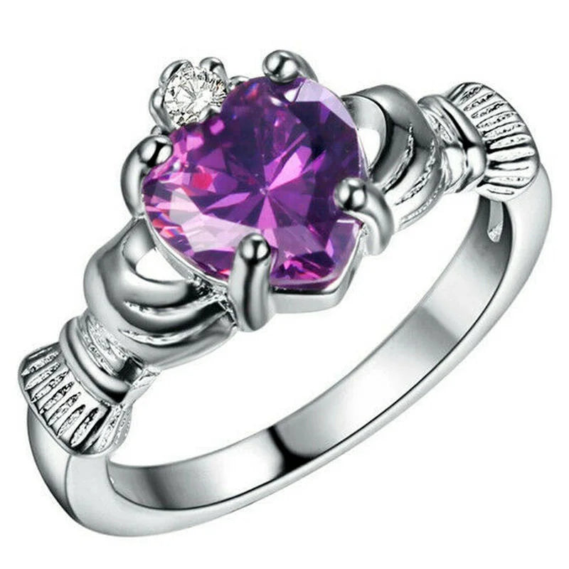 luckacco women silver color zircon crown wedding engagement claddagh ring size 6-10