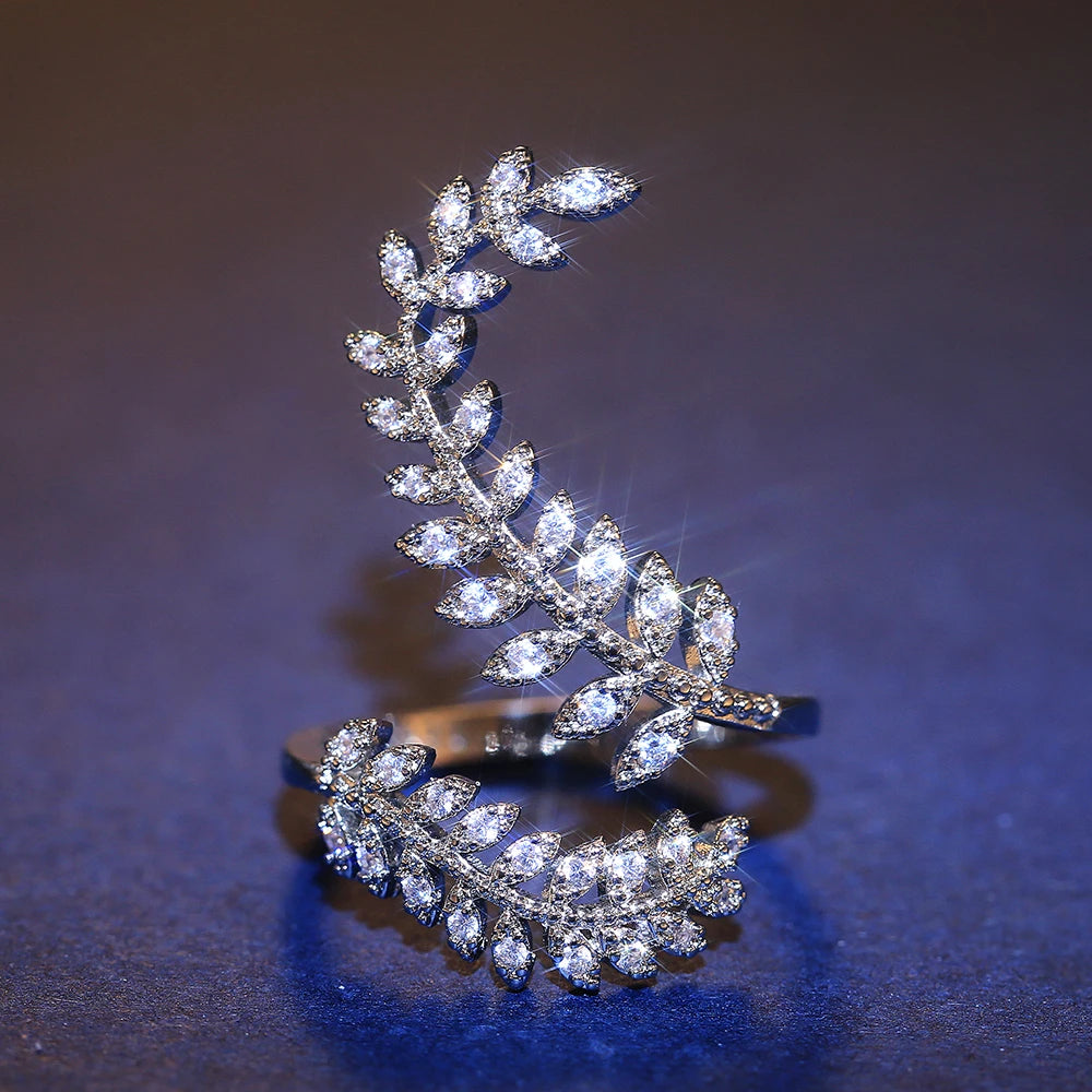 luckacco daily picks graceful leaves both end of open ring silver color girl cocktail party rings shine crystal zircon fashion women jewelry