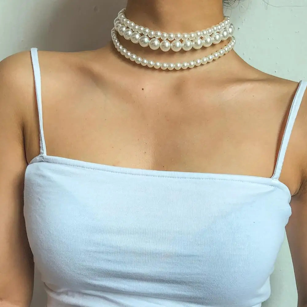 luckacco multi-layer white imitation pearl necklace bead  chain punk ladies wedding short clavicle necklac girl charm banquet jewelry
