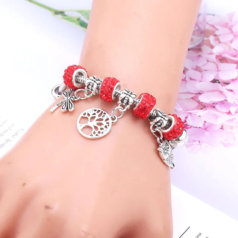 luckacco  dragonfly owl shape crystal charm bracelets beads bracelet women diy beads brand bracelets & bangles jewelry gift