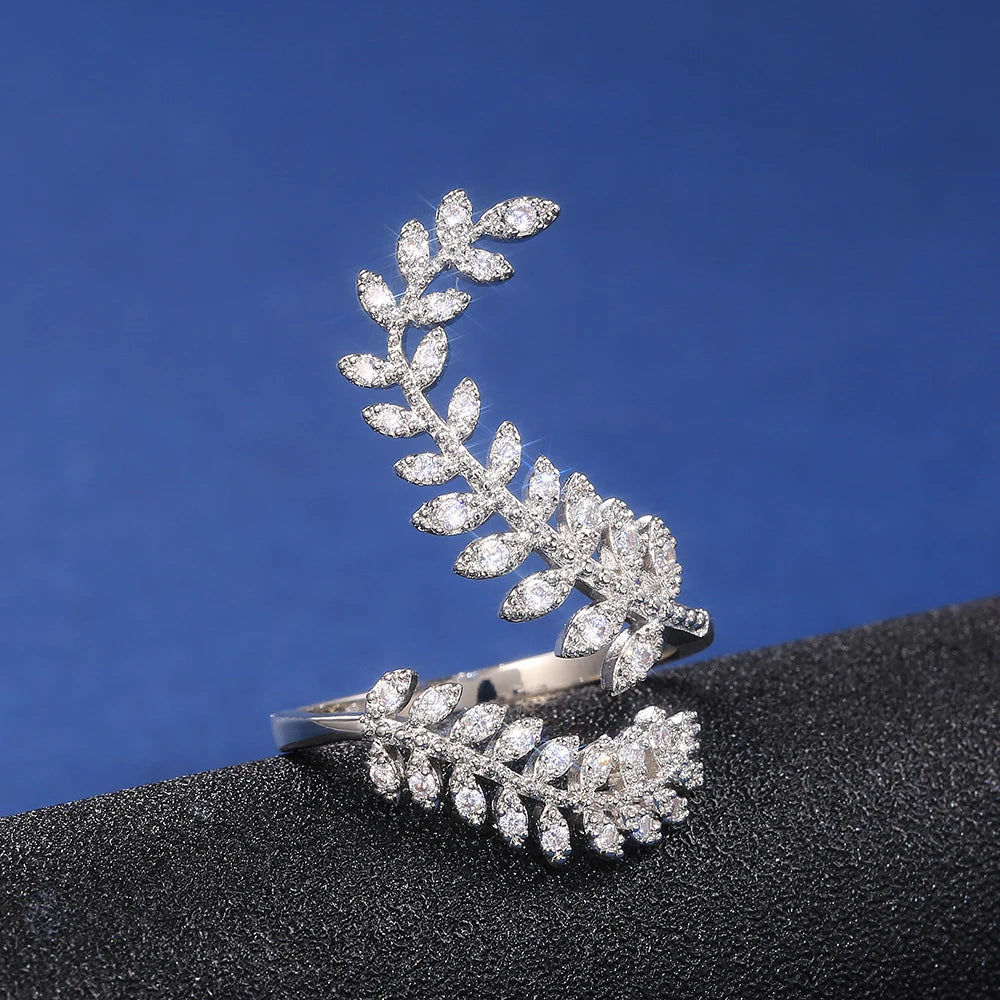 luckacco daily picks graceful leaves both end of open ring silver color girl cocktail party rings shine crystal zircon fashion women jewelry