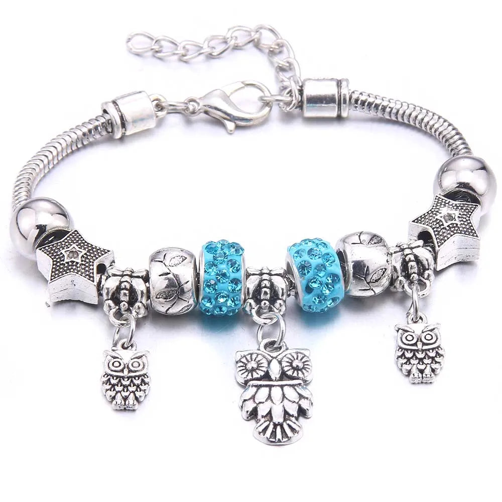 luckacco  dragonfly owl shape crystal charm bracelets beads bracelet women diy beads brand bracelets & bangles jewelry gift