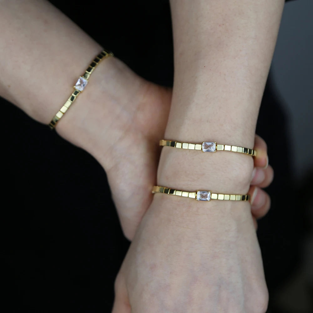 luckacco simple fashion women girl jewelry single clear rectangle cubic zirconia gold color square bead tennis chain bracelet