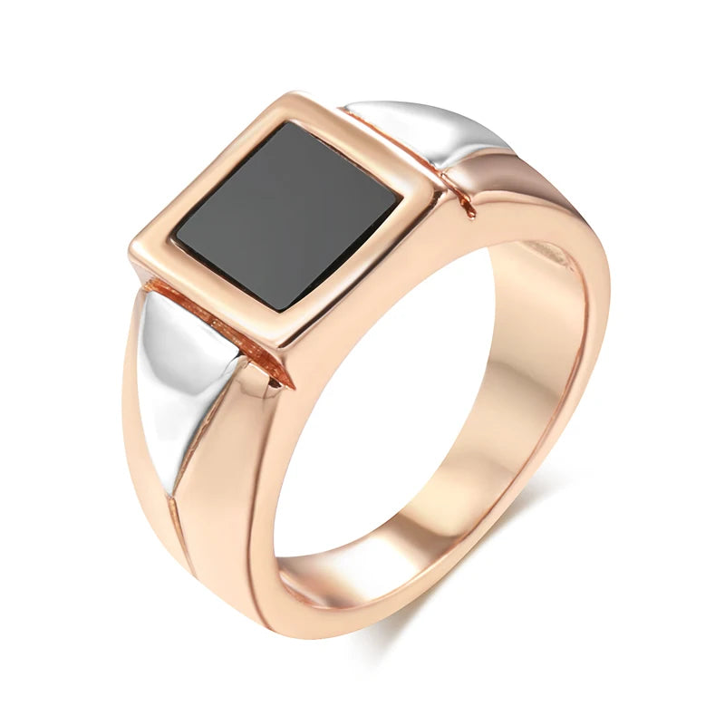 luckacco kinel hot fashion black stone men ring 585 rose gold simple square ring for women high quality daily fine jewelry