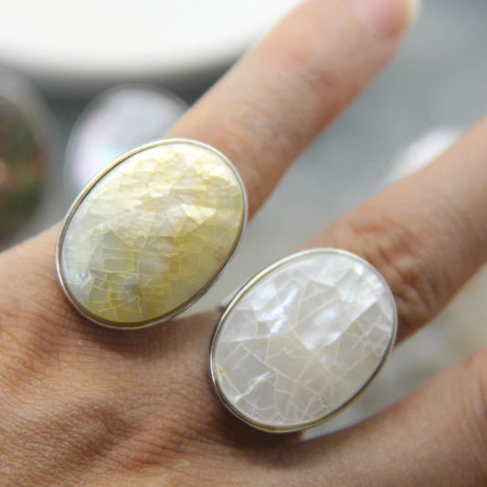 Luckacco Natural Beautiful Abalone Shell Adjustable Rings, Pearl Classic Round Shape Rings,Finger Rings Reiki Heal Geode Rings Jewelry