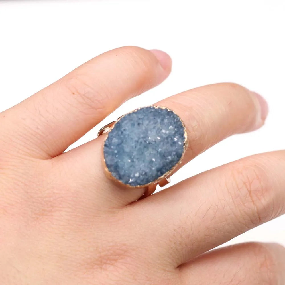 luckacco irregular agates druzy ring adjustable statement rings natural stone quartz rings for women jewelry