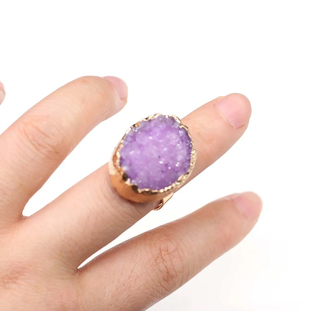luckacco irregular agates druzy ring adjustable statement rings natural stone quartz rings for women jewelry