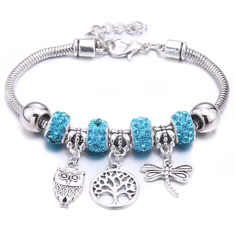 luckacco  dragonfly owl shape crystal charm bracelets beads bracelet women diy beads brand bracelets & bangles jewelry gift