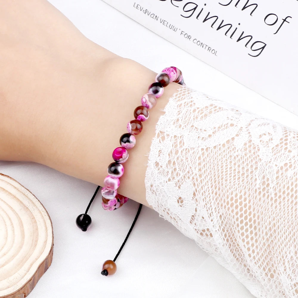 luckacco 6mm fire agates onyx bead bracelet natural stone men women braided rope bangle adjustable jewelry yoga healing balance bracelets