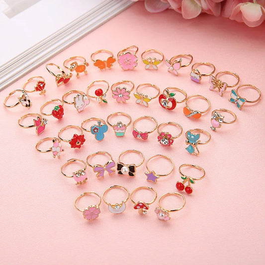 Luckacco 10pcs Cute Cartoon Kids Rings Kawaii Korean Children Girls Flower Alloy Finger Ring Child Jewelry Gift Adjustable Rings