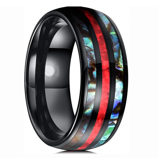 Luckacco Fashion 8mm Silver Color Stainless Steel Rings for Men Double Groove Meteorite Inlay Dome Men Finger Ring Wedding Band Jewelry