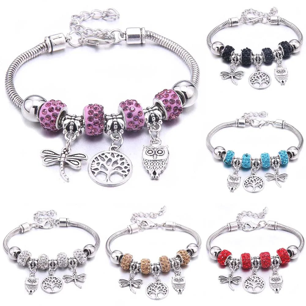luckacco  dragonfly owl shape crystal charm bracelets beads bracelet women diy beads brand bracelets & bangles jewelry gift