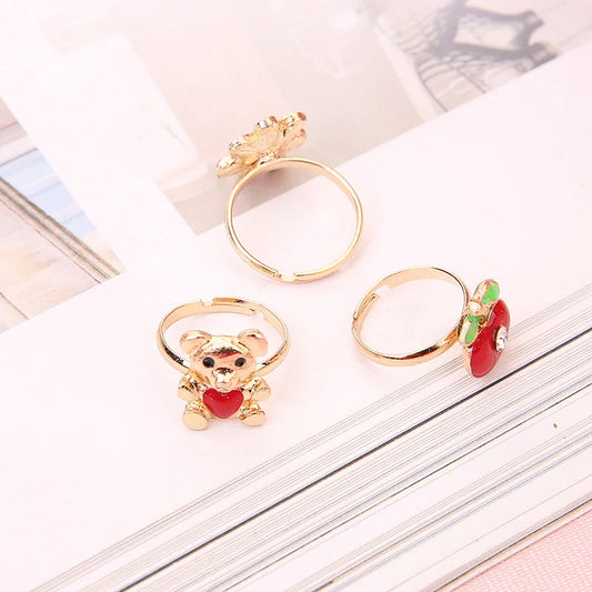 Luckacco 10pcs Cute Cartoon Kids Rings Kawaii Korean Children Girls Flower Alloy Finger Ring Child Jewelry Gift Adjustable Rings
