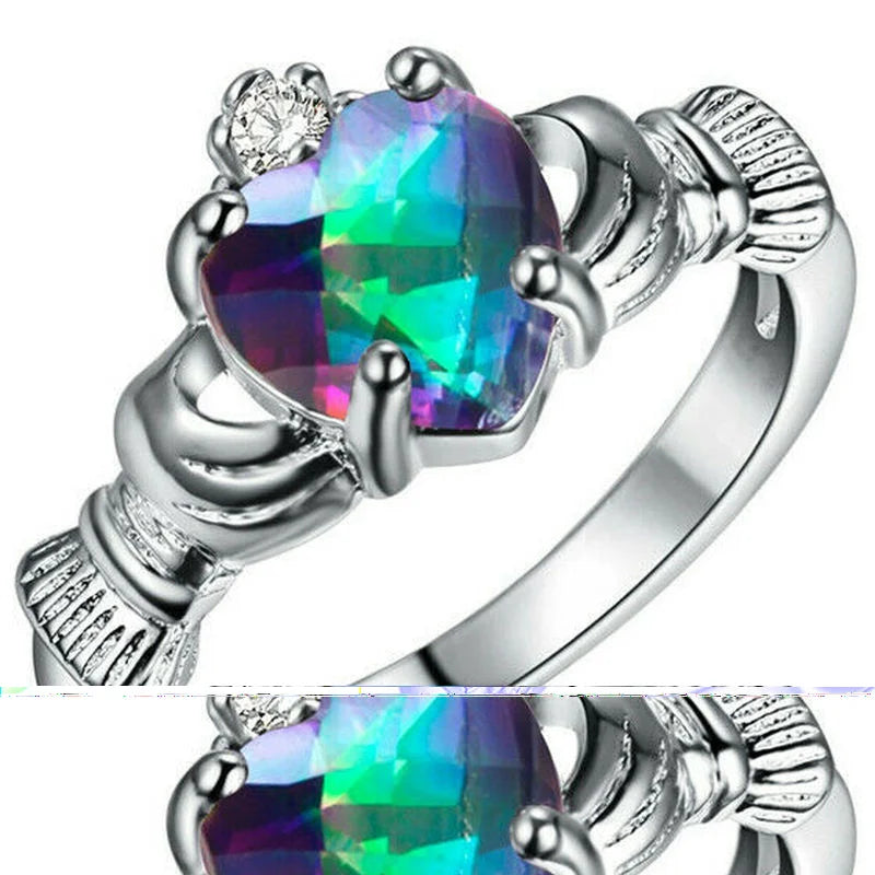 luckacco women silver color zircon crown wedding engagement claddagh ring size 6-10