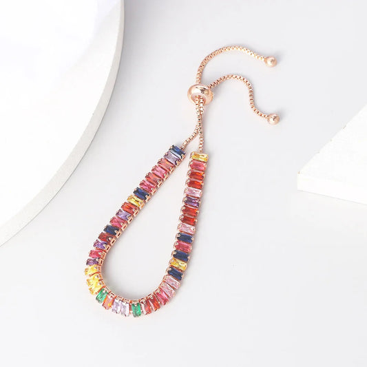 Luckacco Adjustable Multicolor Tennis Bracelets for Women Ladies Wedding Rainbow Colorful Zircon Charm Bracelet Hand Chain Jewelry DZH043