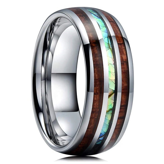 Luckacco Fashion 8mm Men Stainless Steel Rings Silver Color Brushed Deer Antler And Koa Wood Rings for Men Wedding Band Jewelry