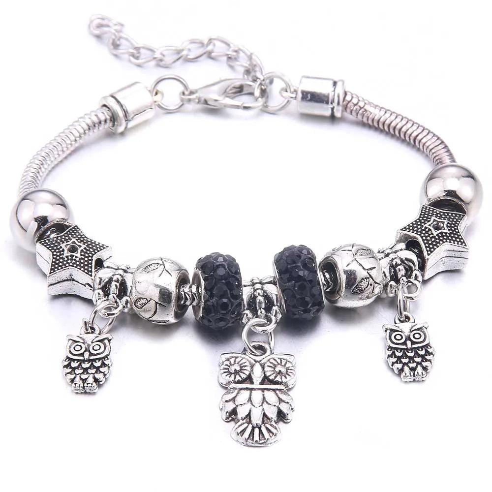 luckacco  dragonfly owl shape crystal charm bracelets beads bracelet women diy beads brand bracelets & bangles jewelry gift