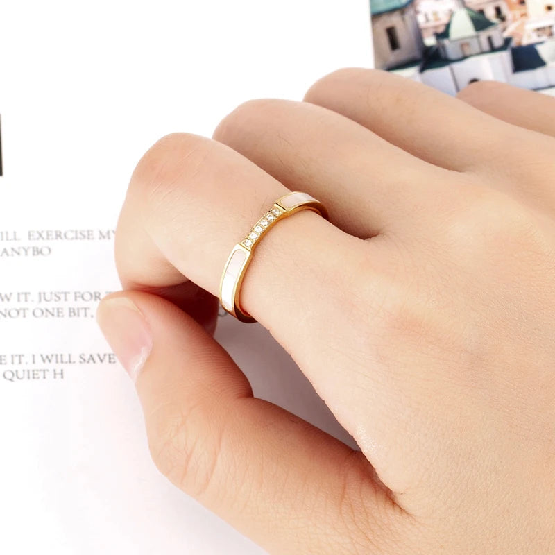 luckacco exquisite shells and inlaid 6 small zircon ring stainless steel high quality jewelry gold color women brand love ring