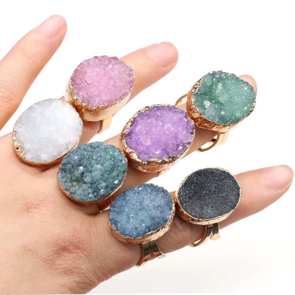 luckacco irregular agates druzy ring adjustable statement rings natural stone quartz rings for women jewelry